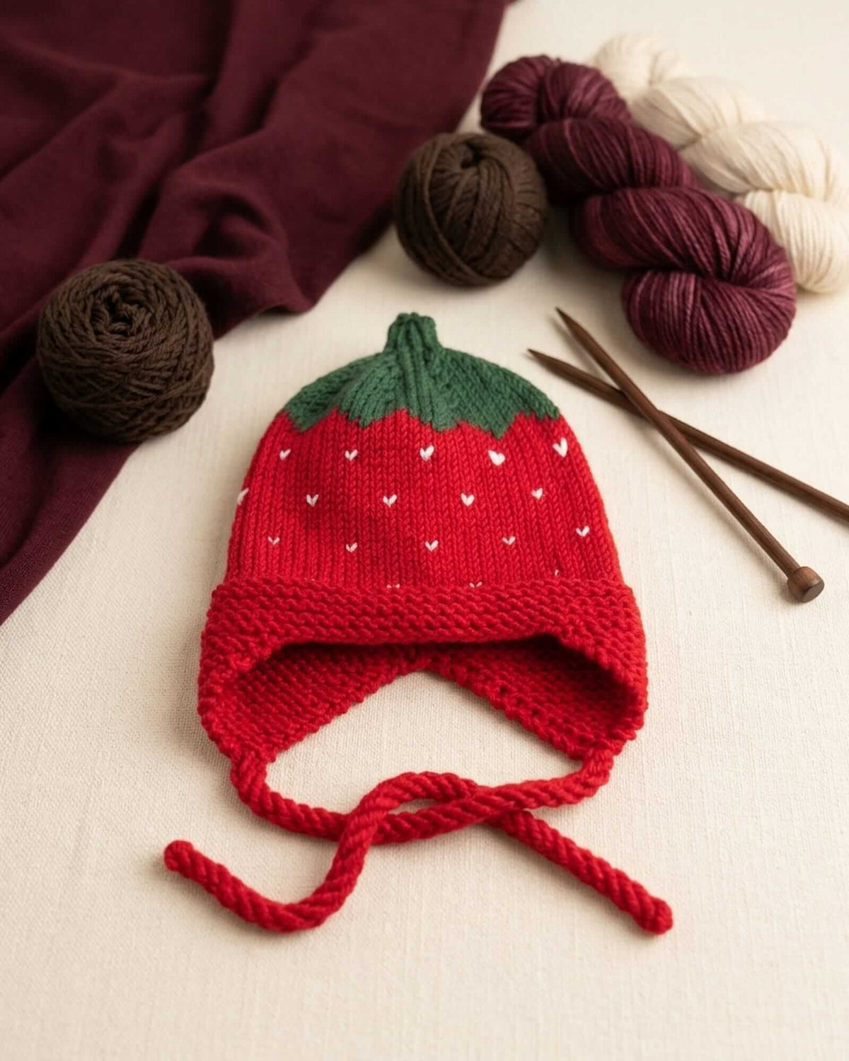 a red strawberry-shaped knit hat with green leaves and long red ear loops, placed on a beige surface, with brown and burgundy yarns and crochet needleds near it