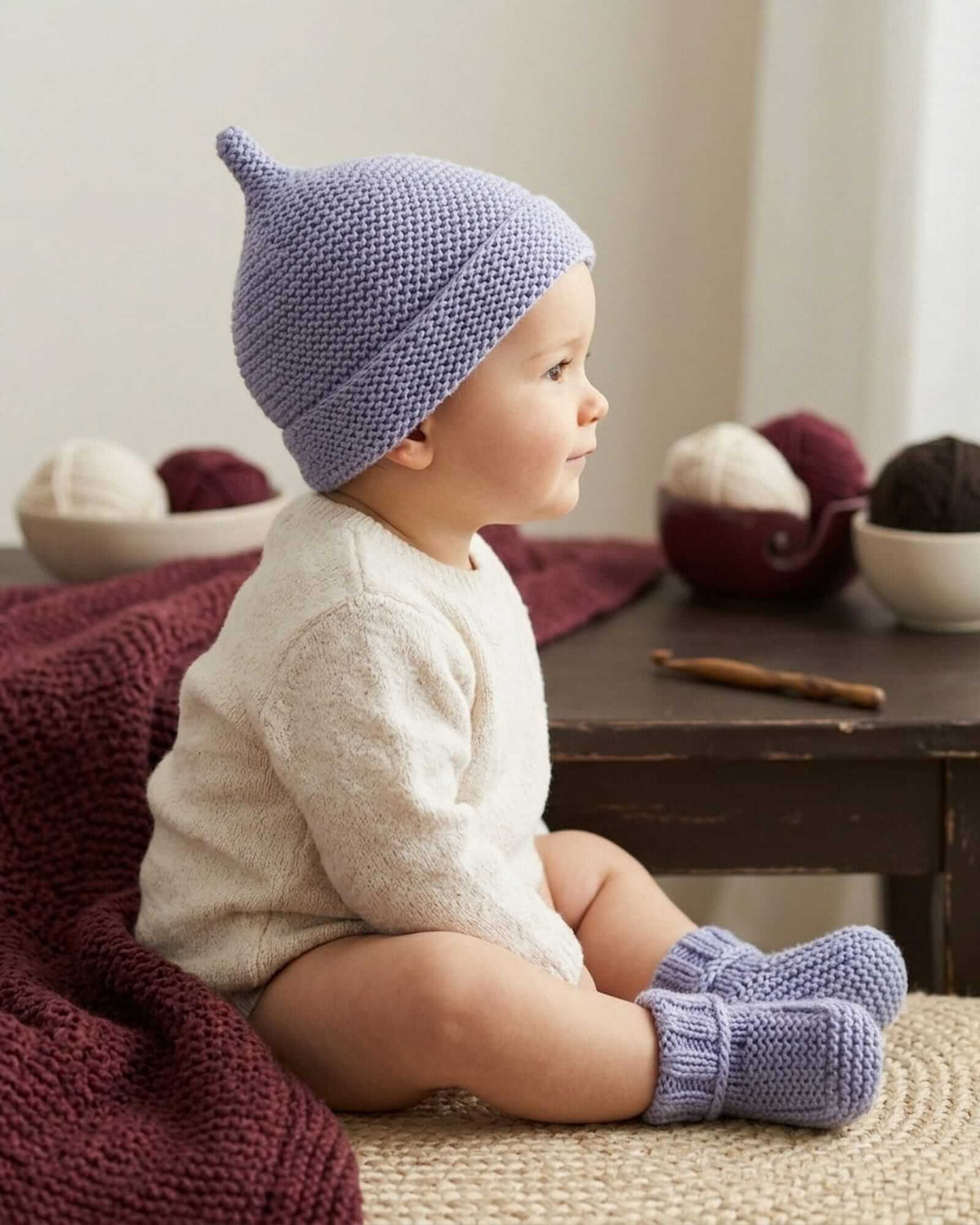 Hand-knitted Baby Pixie Bonnet & Booties Set - Purple (0-24 months)