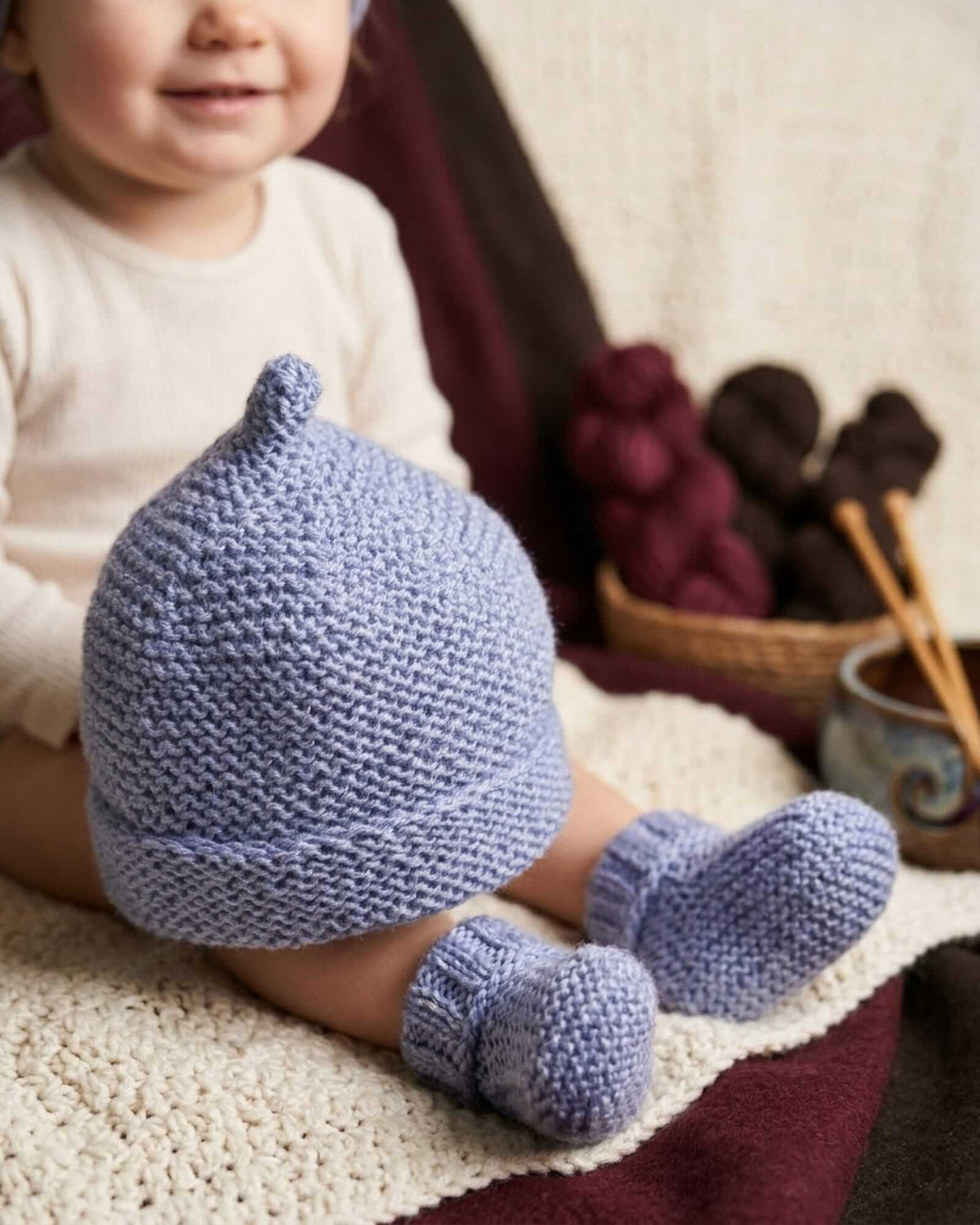 Ensemble Bonnet Pixie & Chaussons Bébé - Periwinkle, 100% Mérinos (0-24 Mois)