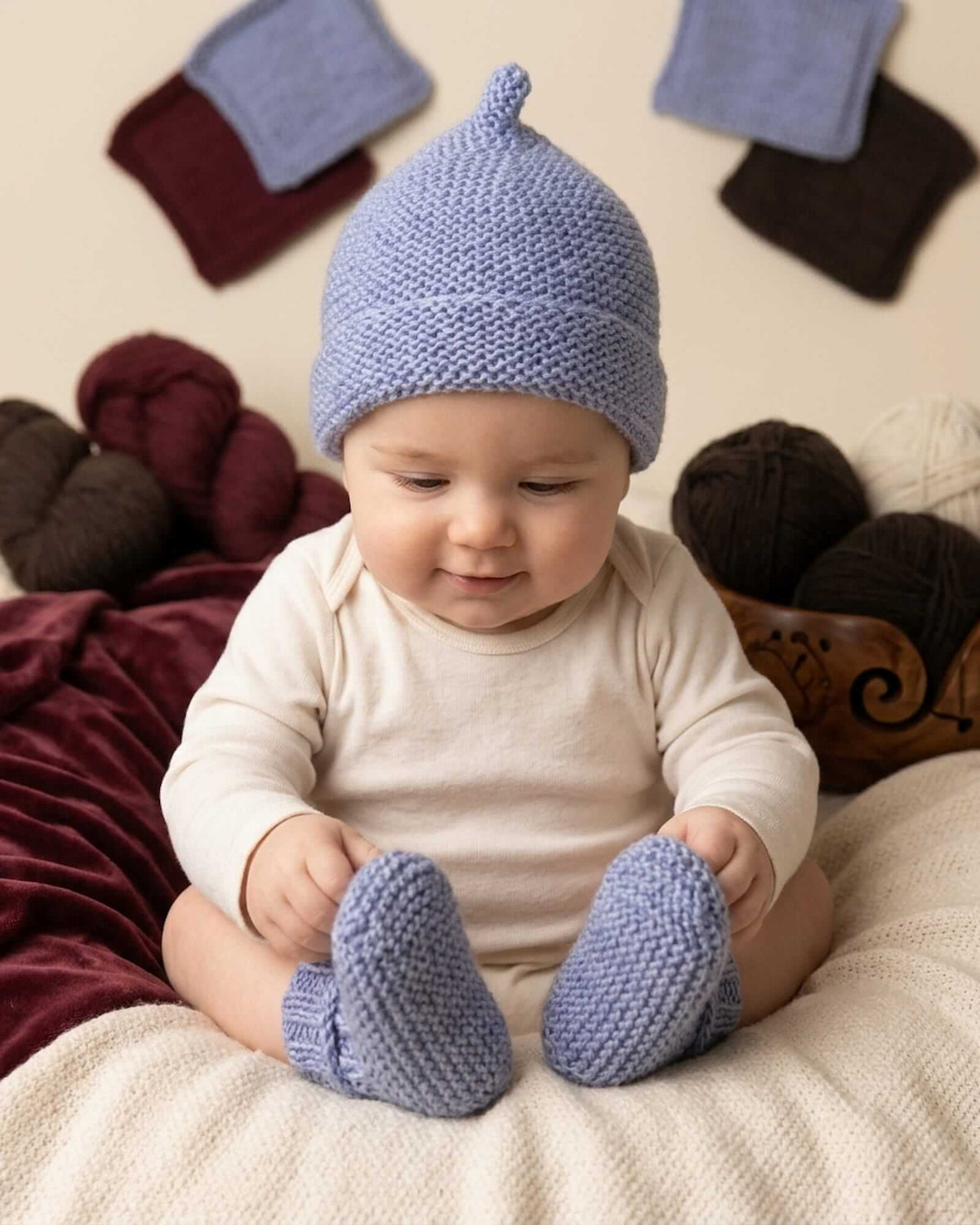 Ensemble Bonnet Pixie & Chaussons Bébé - Periwinkle, 100% Mérinos (0-24 Mois)