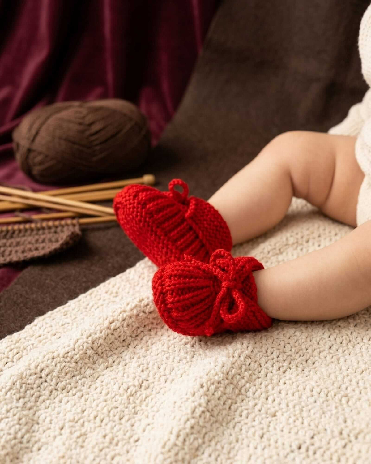 A close-up image of a baby wearing A pair of bright red hand-knit baby booties, on a cream blanket and a chocolate and burgundy background
