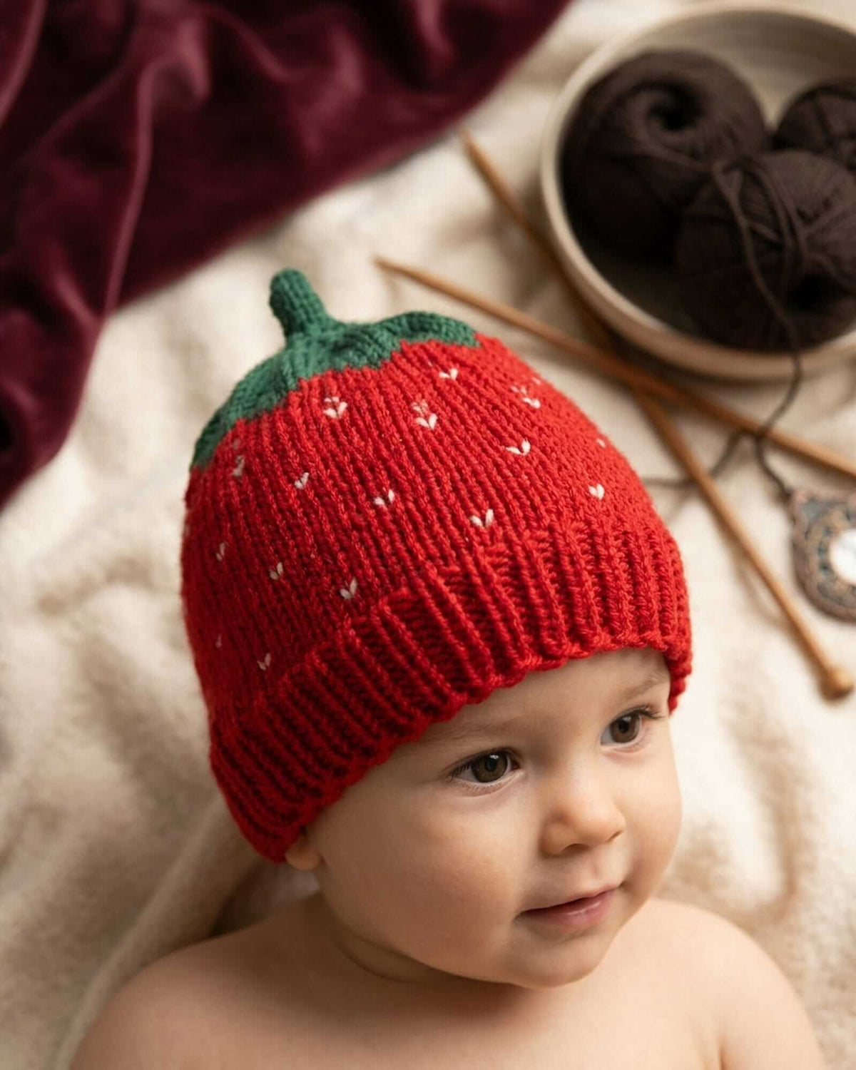 A baby wearing a knitted strawberry hat in red with a green top and small white seed details, photographed on a soft cream fabric with yarn and knitting needles in the background.