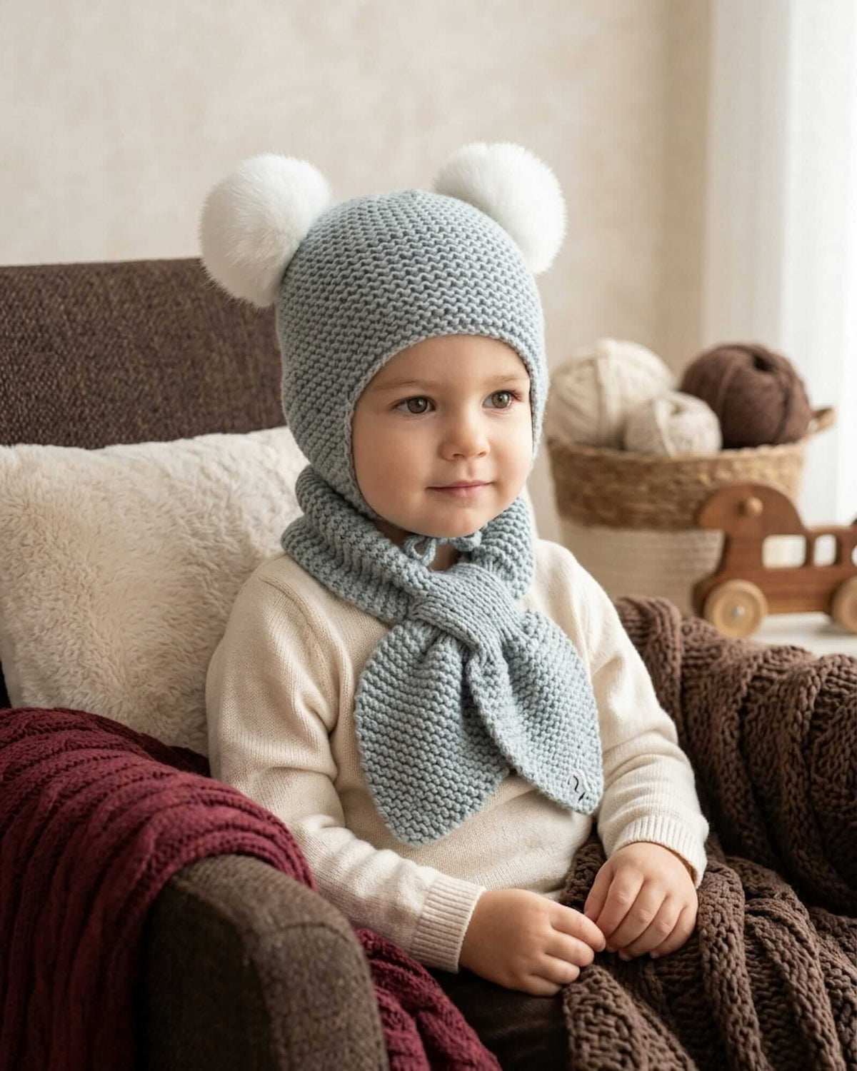 Hand-Knitted Baby Bonnet & Scarf Set - Sage Green, 100% Merino (0 - 24 months)