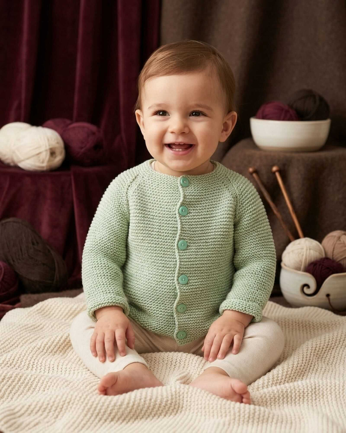 A smiling baby sitting on a cream knit blanket, wearing a light sage green knitted cardigan with green buttons and cream pants. The background features a cozy studio setup with dark burgundy curtains, yarn balls, and knitting needles.