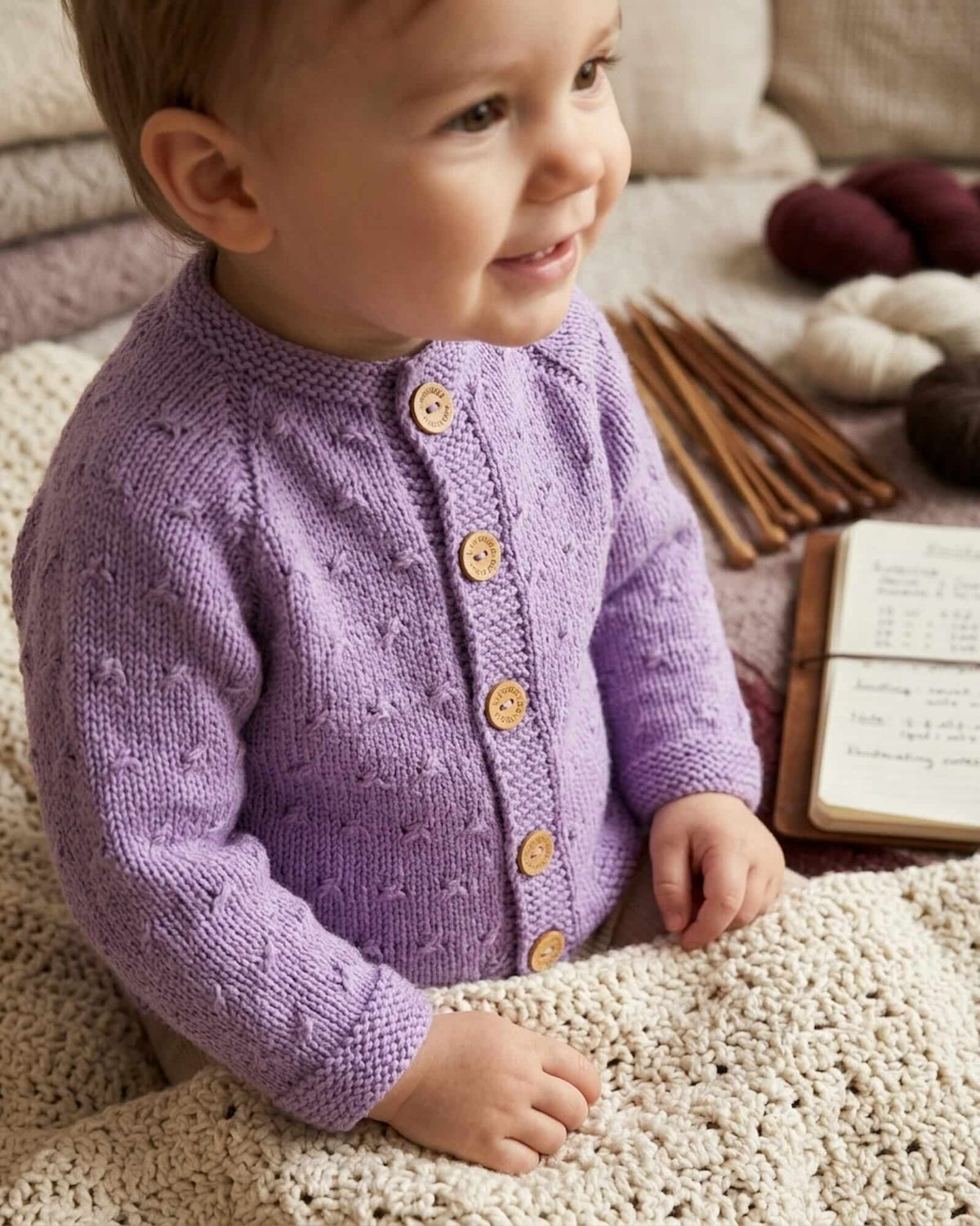 Gilet Bébé Tricoté Main en Pourpre de Violet – 100% Mérinos (0 - 24 Mois)