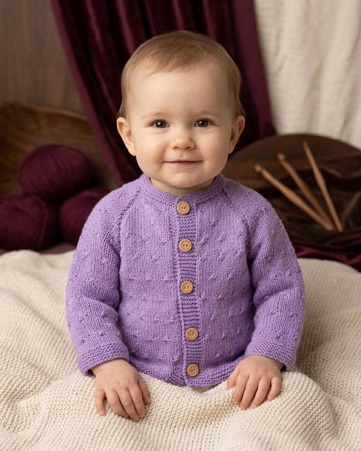 Hand-Knitted Baby Cardigan - Violet Purple, 100% Merino (0 - 24 months)