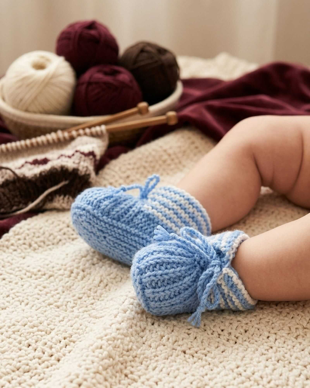 A close-up of a baby's legs wearing light blue and white striped crocheted booties with tie details, resting on a cream knit blanket. In the background, a basket holds balls of yarn and knitting needles.