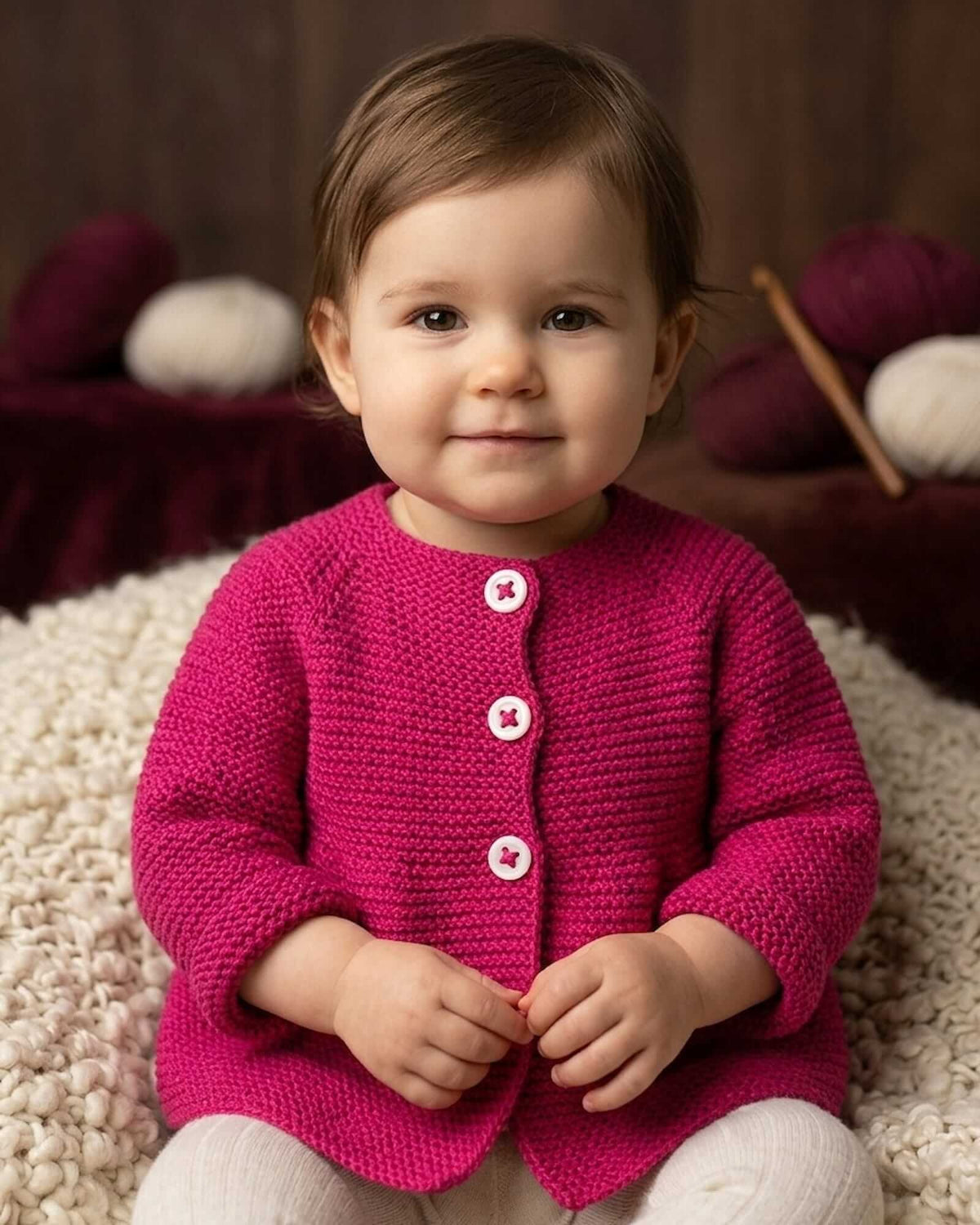 Hand-Knitted Baby Jacket - Cyclamen, 100% Merino (0 - 24 months)