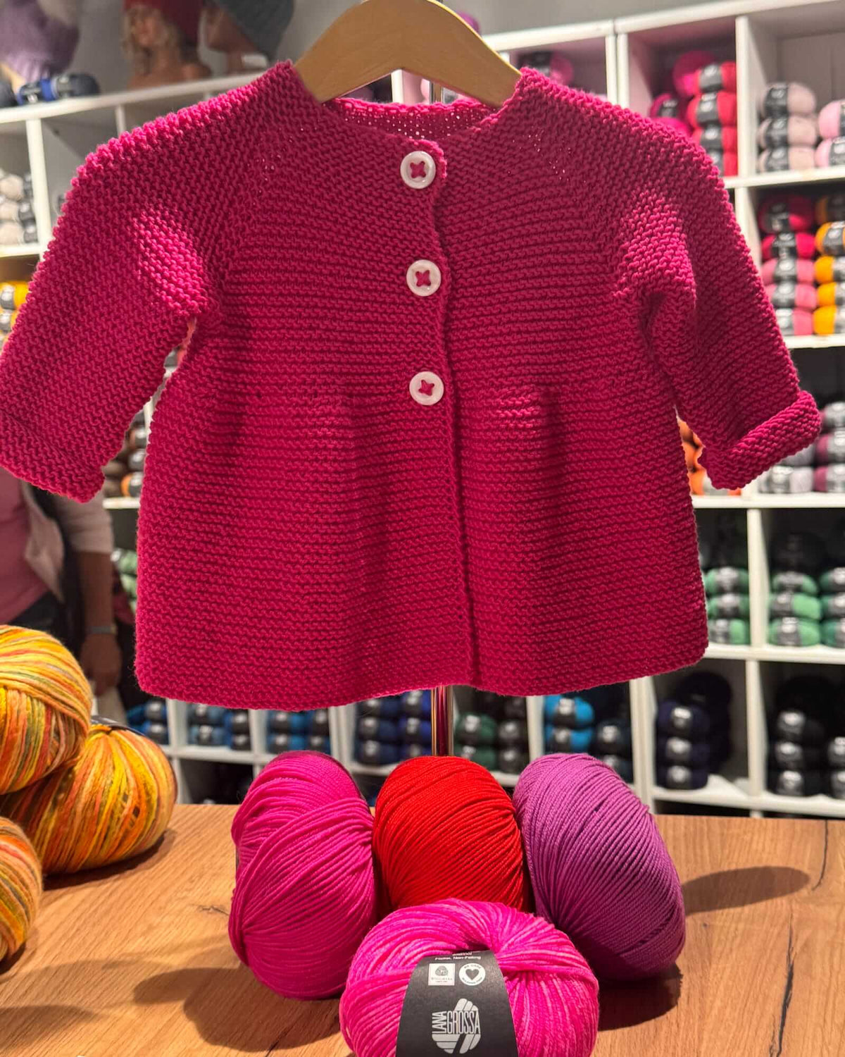 Hand-Knitted Baby Jacket - Cyclamen, 100% Merino (0 - 24 months)