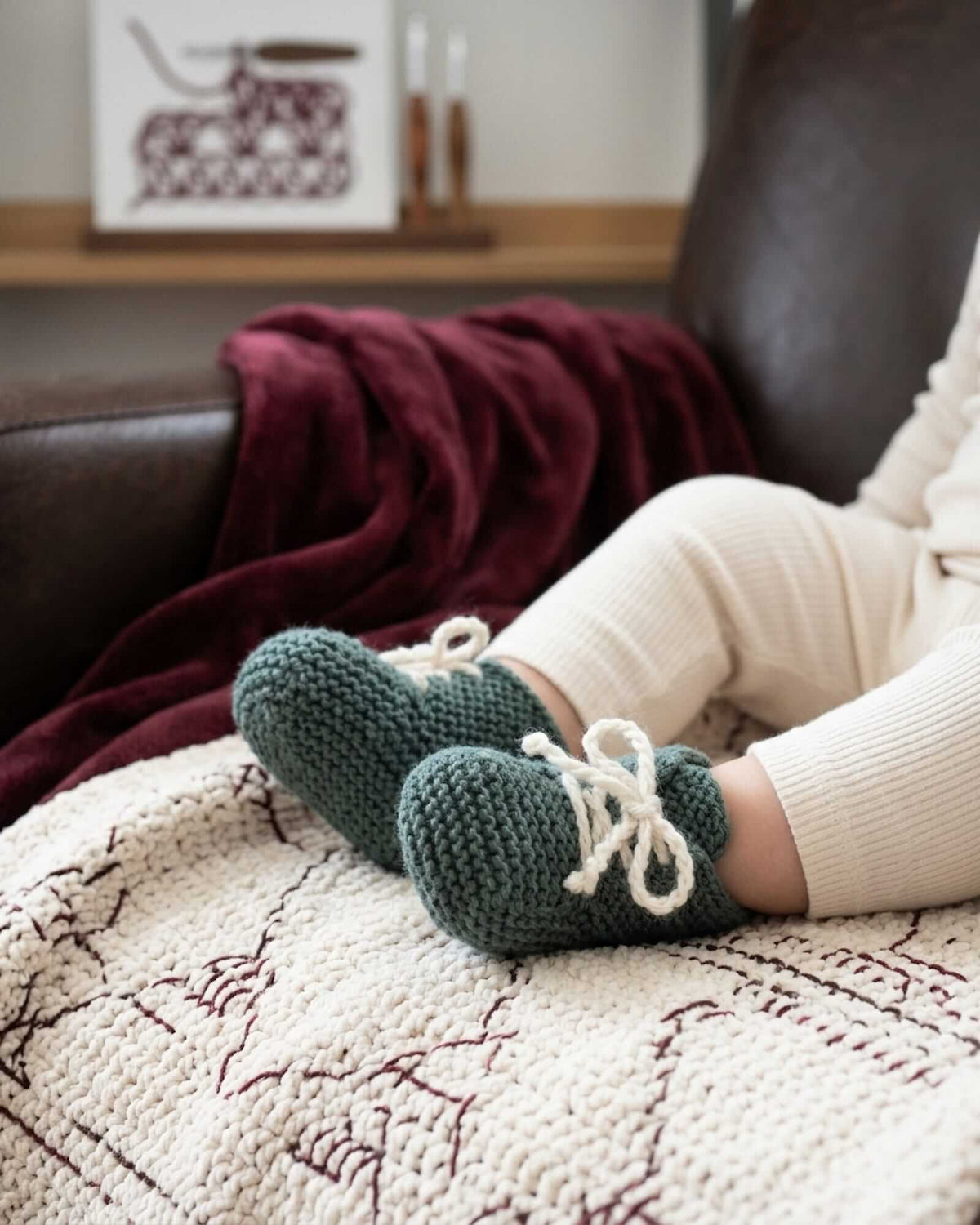 Hand-knitted Baby Booties in Dark Green & Cream - Merino (0 - 24 months)