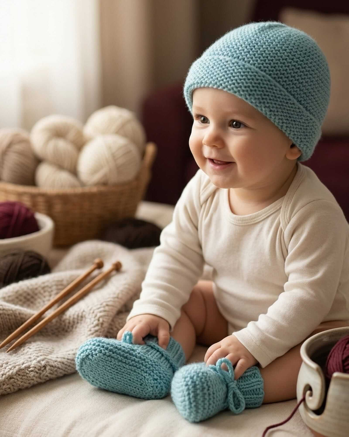 a happy baby wearing a hand-knitted dusty teal beanie hat and matching booties set made from 100% merino wool