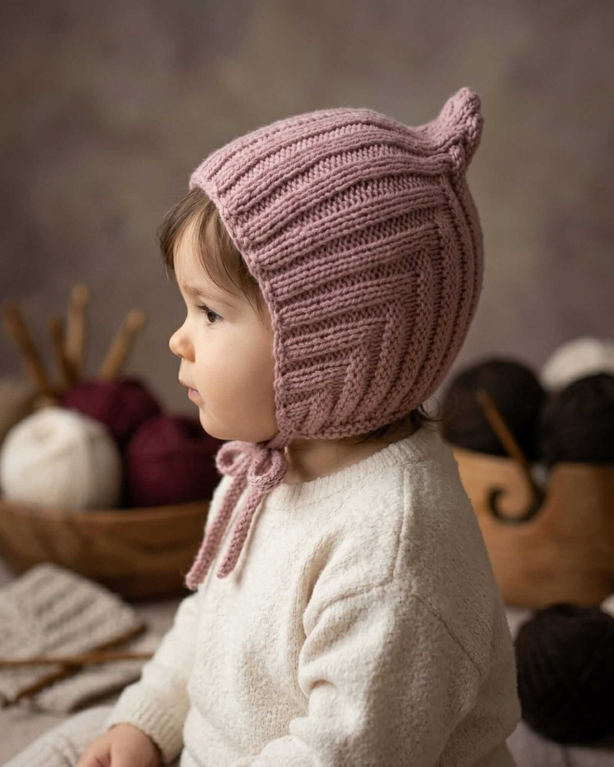 Hand-knitted Baby Pixie Bonnet in Dusty Rose - 100% Merino (0-24 months)