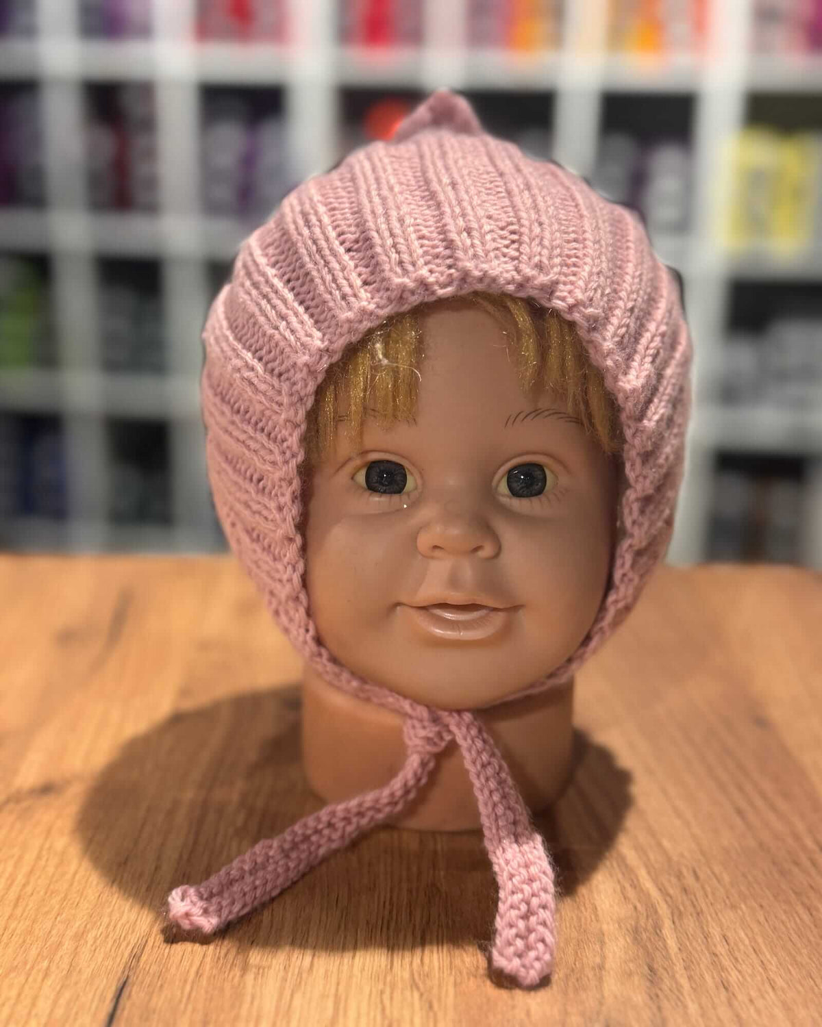 Hand-knitted Baby Pixie Bonnet in Dusty Rose - 100% Merino (0-24 months)