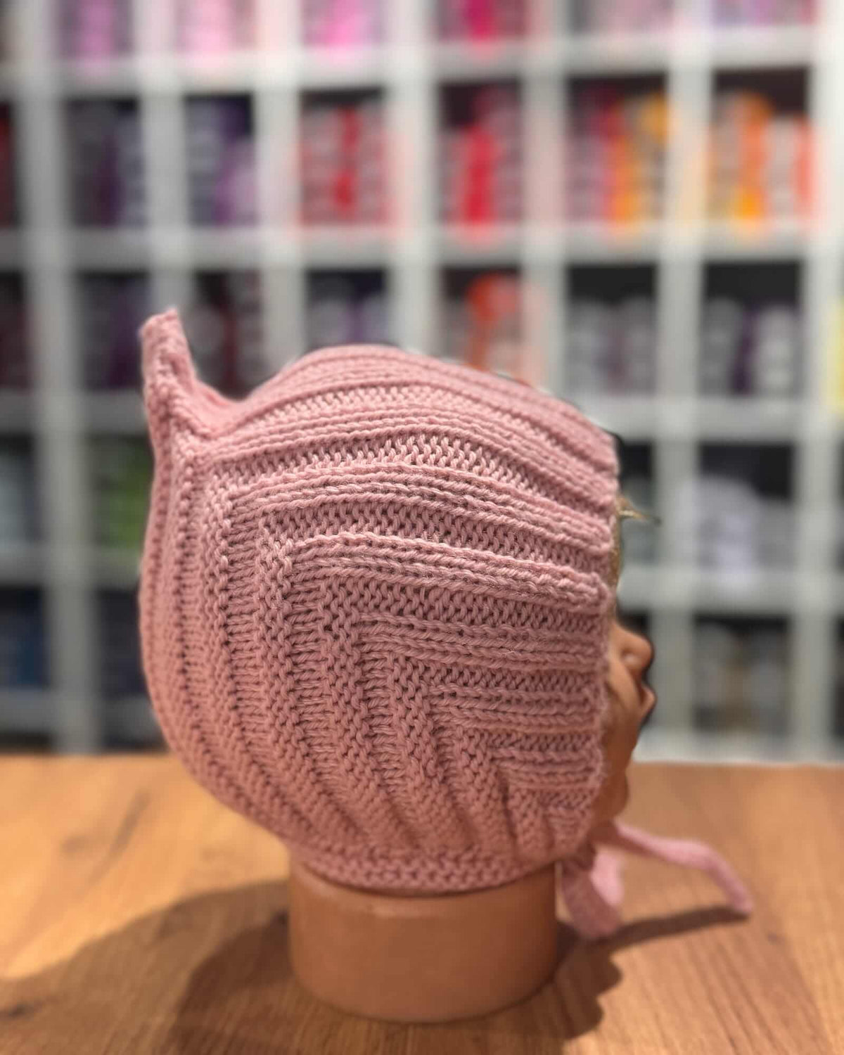 Hand-knitted Baby Pixie Bonnet in Dusty Rose - 100% Merino (0-24 months)