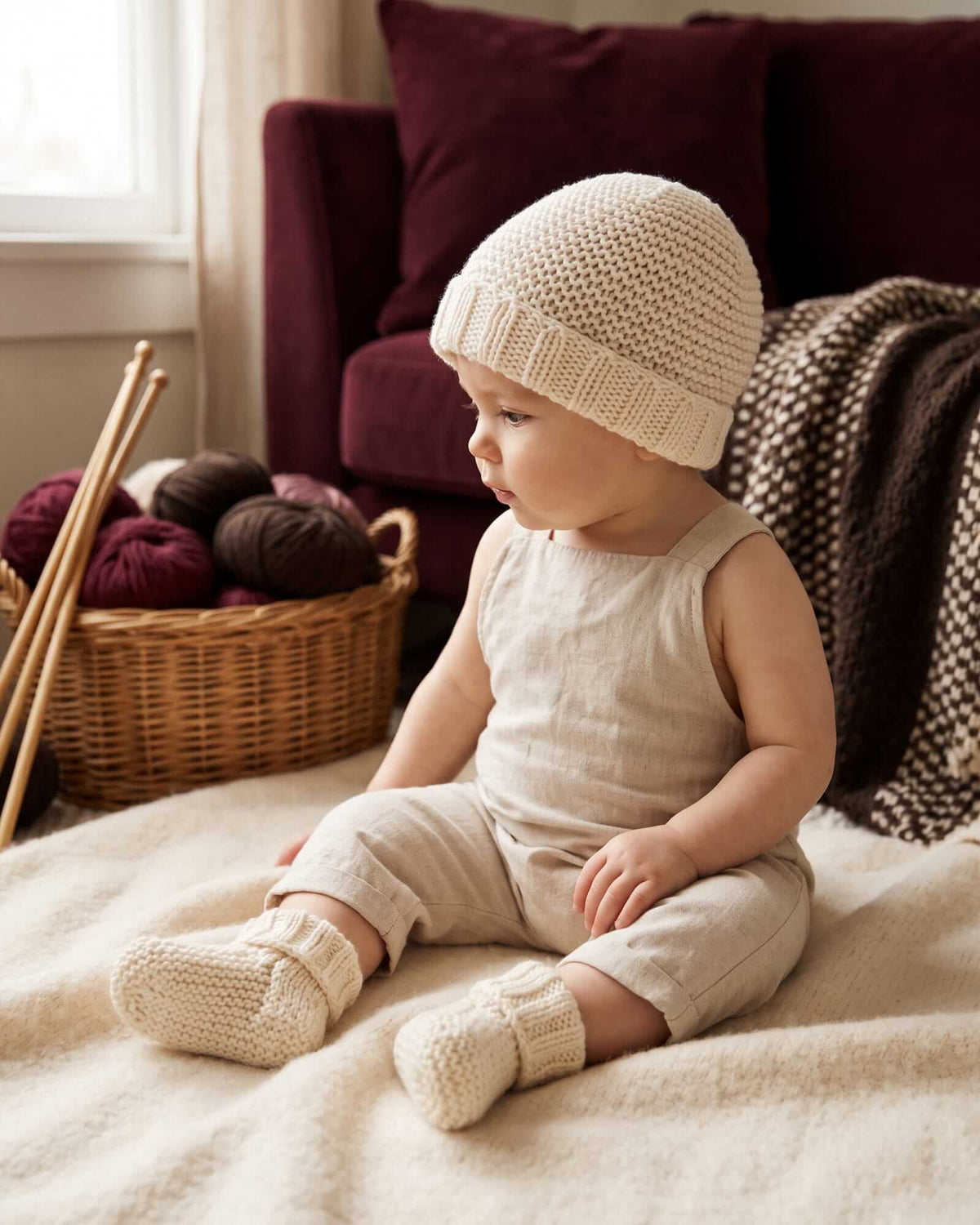 a small child wearing a beige romper and a matching cream-colored beanie and booties, with a burgundy sofa in the background and a basket containing burgundy and brown balls of yarn