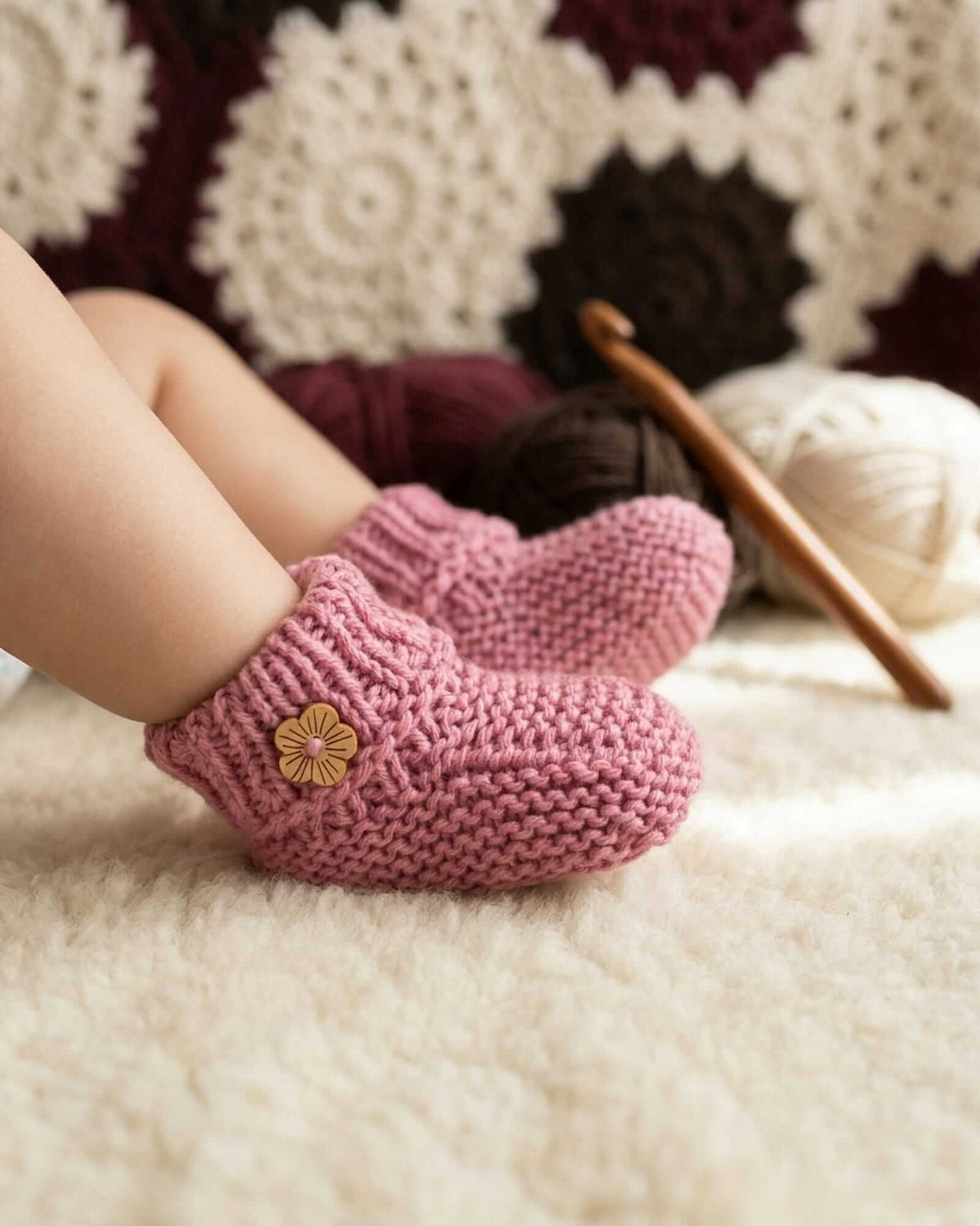 A close-up of a baby's legs wearing pink hand-knit booties with a small yellow flower applique, set against a cozy background of a crocheted blanket, yarn balls, and a wooden crochet hook.