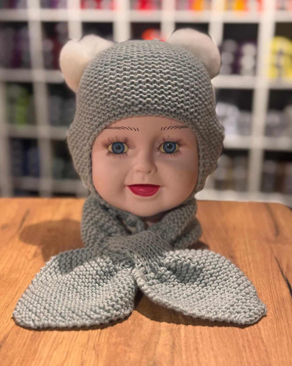 Hand-Knitted Baby Bonnet & Scarf Set - Sage Green, 100% Merino (0 - 24 months)